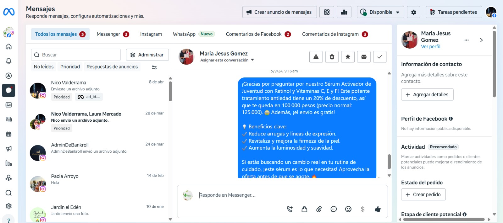 Bandeja unificada de mensajes con respuestas automáticas por IA